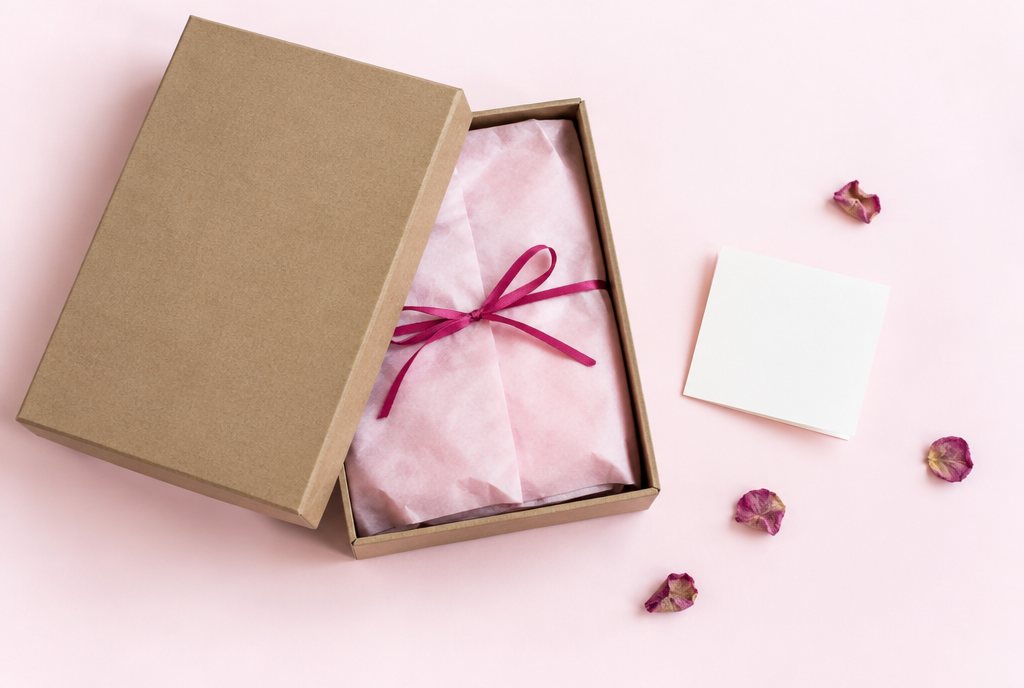 Discreet verpakt pakketje in een neutrale doos met roze vloeipapier en lint