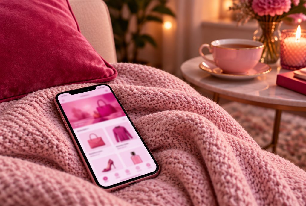 Telefoon met een online winkel op een roze plaid op de bank